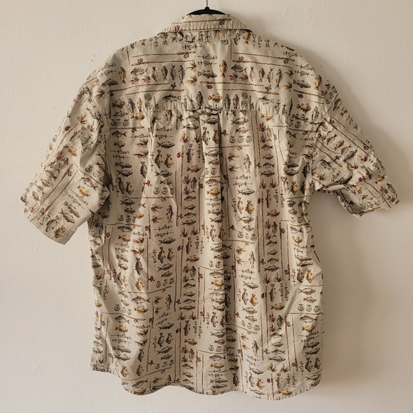 Woolrich Vintage Fly Fishing All Over Print Short Sleeve Button Down Tan Medium - Picture 6 of 9